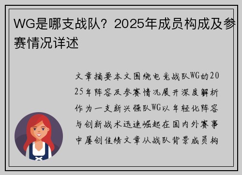 WG是哪支战队？2025年成员构成及参赛情况详述